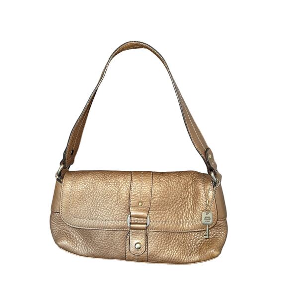 Fossil Tan/Gold Pebbled Leather Handbag Bag Purse #75082 Key Charm Classic READ - Picture 1 of 16
